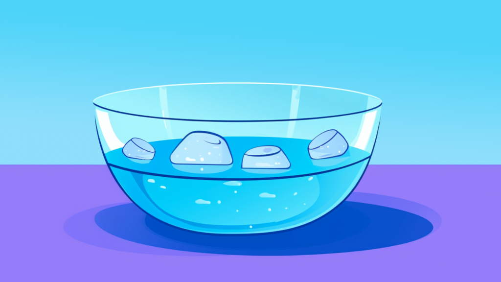 A glass bowl of ice cubes sitting in water.