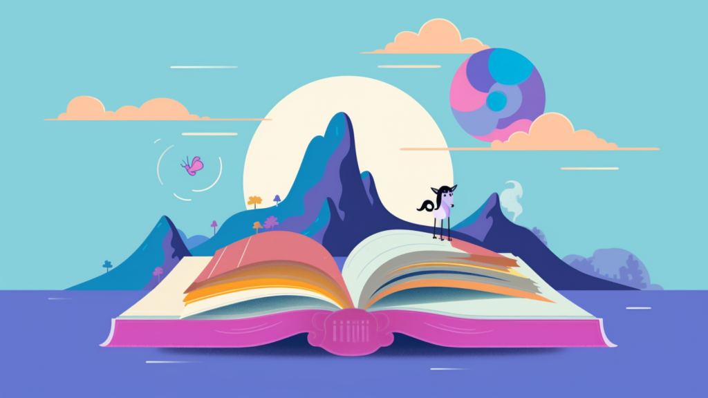 A surreal but aesthetically-pleasing scene of a large book open with mountains, clouds, trees, animals, and geometric shapes in the background. 