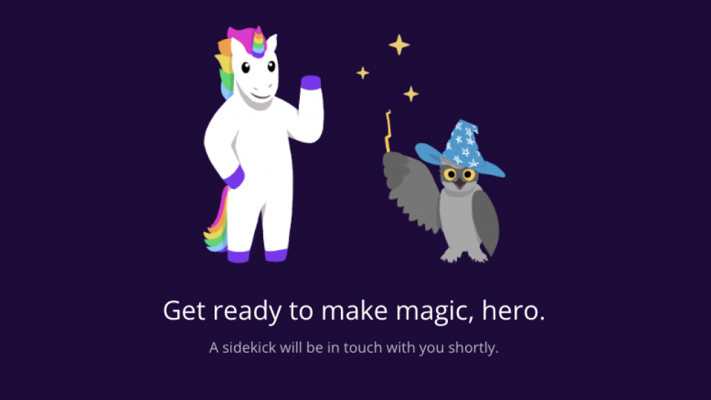Mythic's unicorn mascots greet the user at the end of a form submission.
