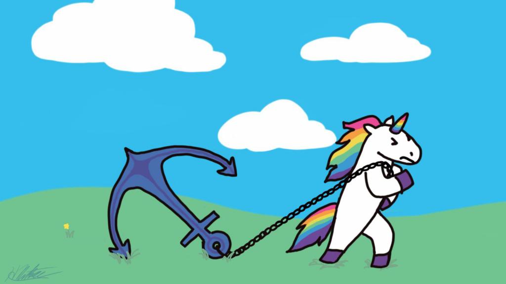 An illustration of Mythic's unicorn mascot lugs an anchor through a grassy field.