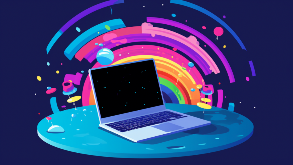 A laptop on a surface with psychedelic colors in rainbow behind