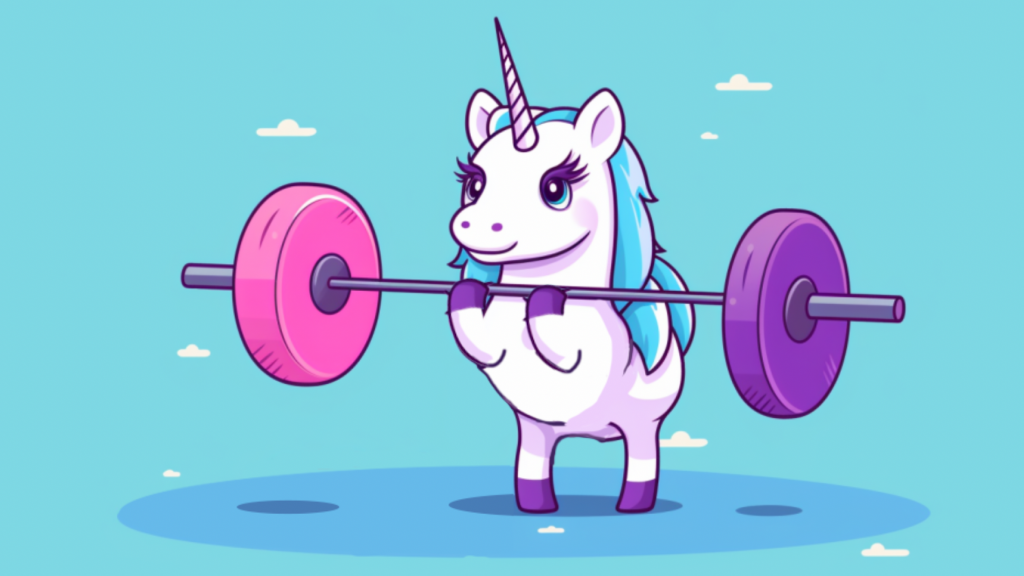 A little unicorn is lifting weights with a smile