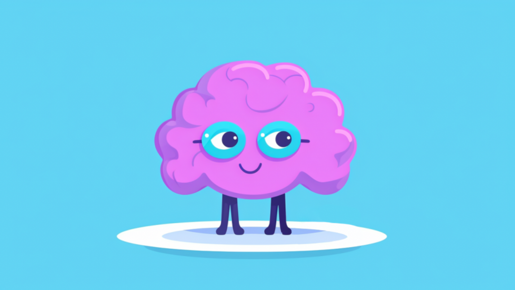 A made up character: cute, smart-looking brain with brains, glasses, a smile
