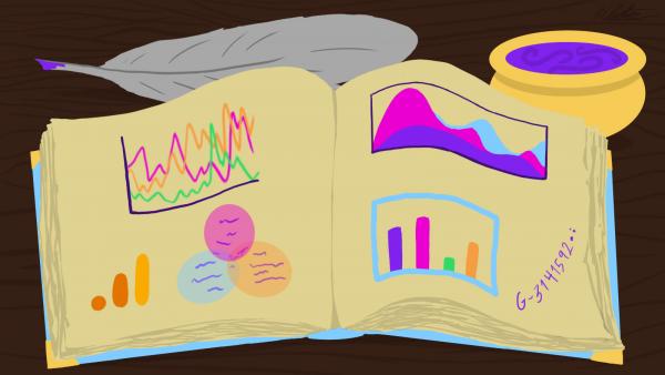 Illustration of an old book with a writing quill open on a wooden table. The pages are filled with charts, graphs, and other icons related to Google Analytics 4.