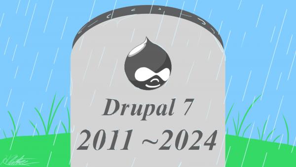 Illustration of a headstone for Drupal version 7 with the Drupal water drop logo and life time years of 2011-2024 