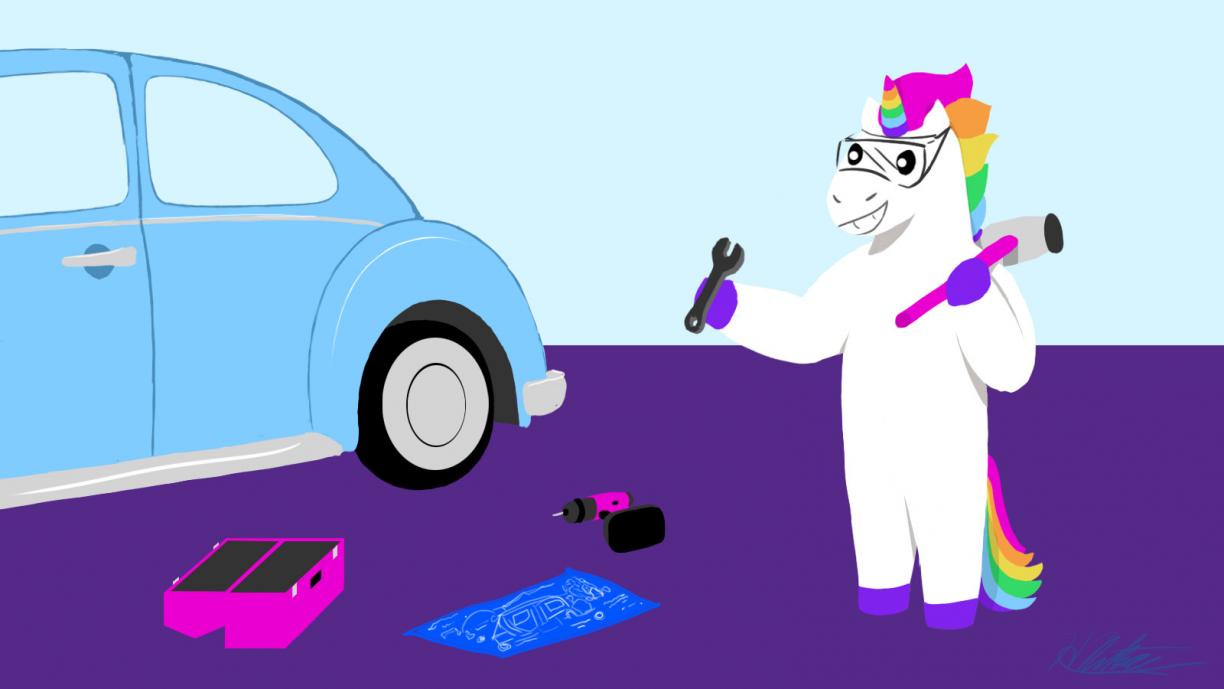 Mythic's unicorn mascot is fixing an antique car, with tools and safety goggles on.