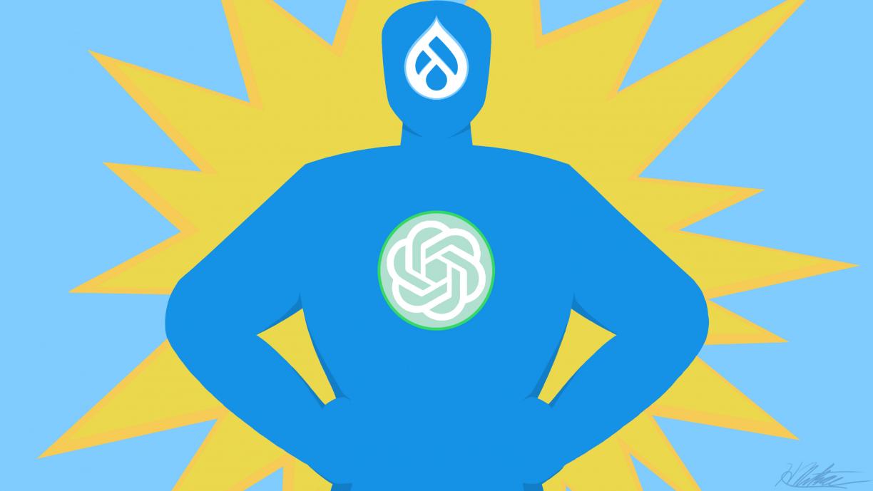 A custom illustration of a human, superhero-style, with the Drupal and OpenAI logos