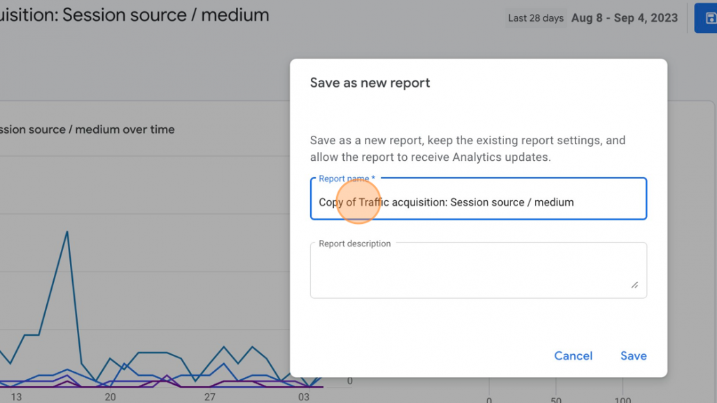 screenshot of the process covered in this topic: How to Create and Customize a Source_Medium Report in GA4