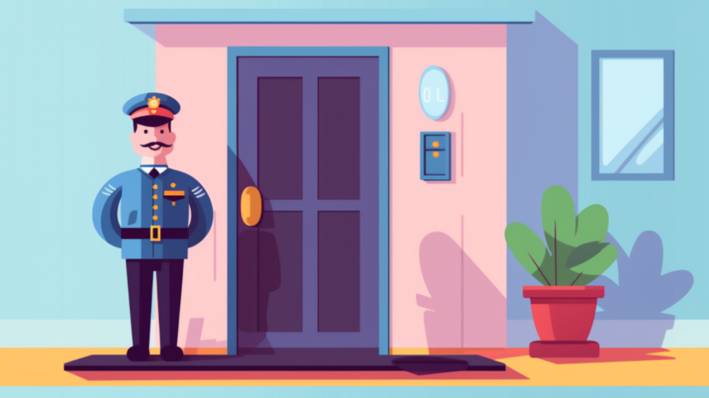 An illustration of a friendly doorman standing aside a closed, residential door.