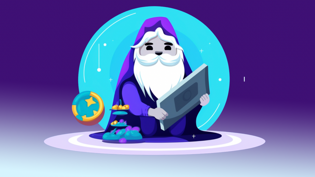 A tech wizard, complete with tablet and other magical accessories.