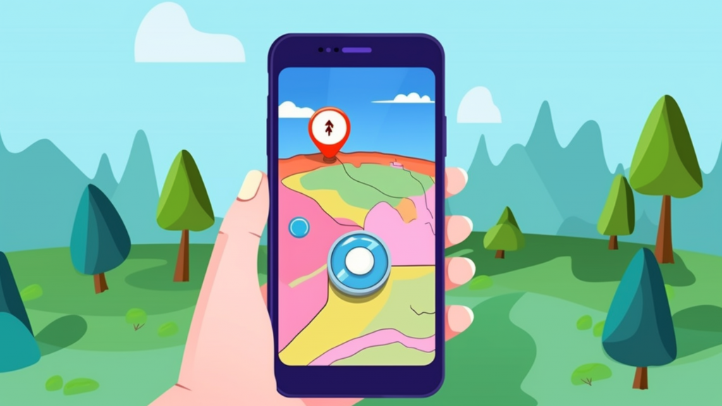 Graphic illustration of a hand holding a smartphone with a wooded scene in background. The screen shows a trail map with beginning and end points.