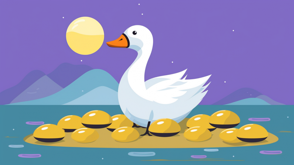 A goose with golden eggs with and mountains, a moon in the background.