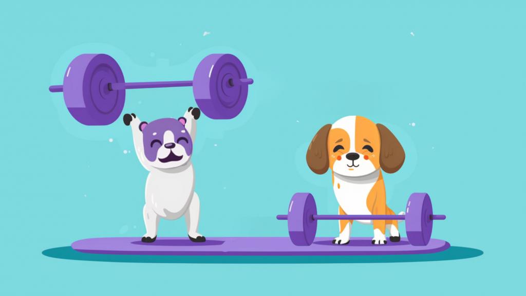 Two puppies lifting weights. One is having trouble and for the other, it's easy.